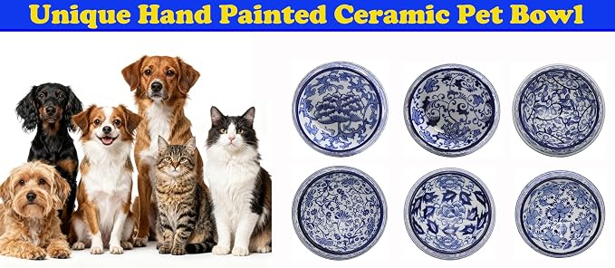 Aimusego Hand-Painted Ceramic Dog Bowl, Pet Bowl, Pretty Blue & White Pet Food Dish, Chinoiserie Floral Water Bowl for Dogs and Cats 11OZ