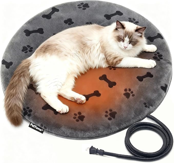 Pet Heating Pad for Cats Dogs Indoor & Sheltered Outdoor Waterproof Heated Cat Bed Heated Dog Bed Chew Resistant Cord Constant Temperature Gray Paw Print Round 16 Inch