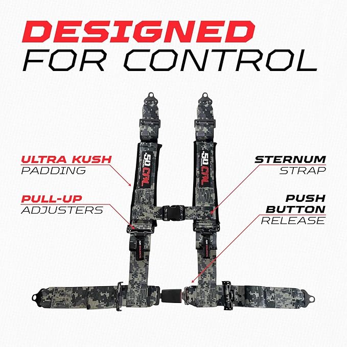 1pc 50 Cal Camo 4 Point Harness 3in Straps, Racing Harness Seat Belt | Ultra Kush padding, Push Button quick release hardware. Universal Fit for UTV, RZR, race car.