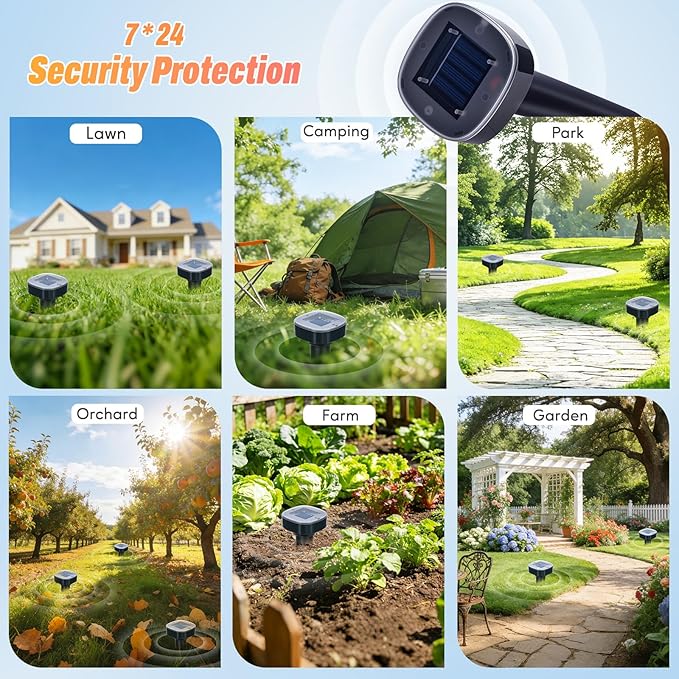 4 Pack Mole Repellent Solar Powered, Snake & Skunk & Vole & Gopher & Armadillo & Rabbit & Groundhog & Chipmunk & Raccoon Repellent for Yard, IP65 Waterproof Ultrasonic Deterrent for Lawns Garden