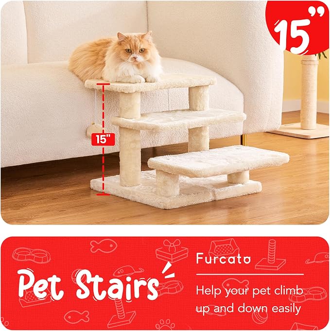 15''H Multi-Step Pet Stairs for High Beds & Sofas, 3-Step Cat Stairs with 2 Toy Balls, Wide Boards for Indoor Kittens Dogs Pets Climbing, Beige
