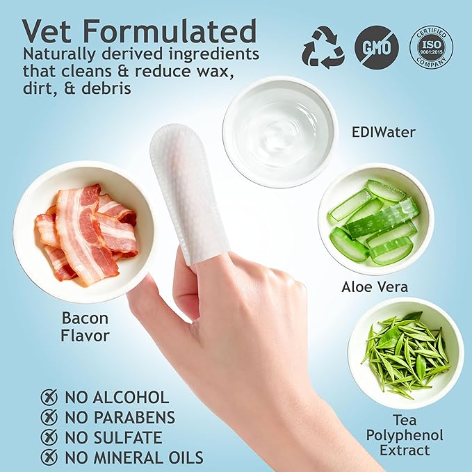 DOCO Pet Dog Teeth Cleaning Wipes – Deodorizing Finger Wipes for Dogs & Cats | Helps Reduce Plaque & Tartar Buildup, Supports Fresh Breath, No Rinse (Bacon, 50 Count)