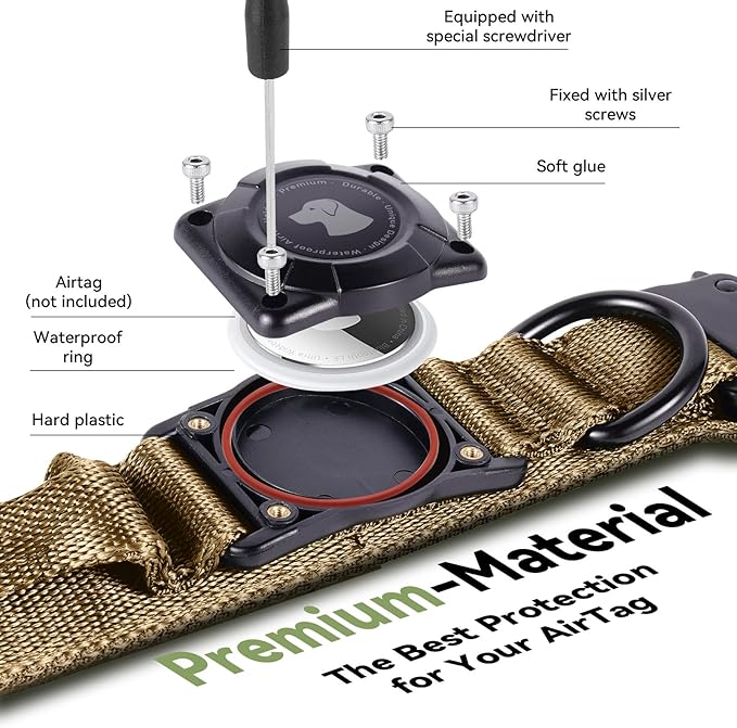 2026 Upgrade Waterproof AirTag Dog Collar, Military Tactical Dog Collar with AirTag Holder, Comfortable Control Handle and Metal Buckle, GPS Dog Collar Holder for Medium to Large Dogs (Khaki,X L)