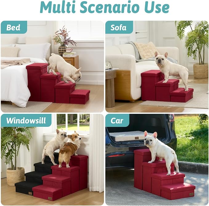 Dog Stairs with Storage, 3-Step Wider Sturdy Dog Steps for Small/Medium/Large Dogs and Older Cats, Folding Doggie Ramp for Bed/Couch/Car Hold Up to 180 lbs (16.7" H, Burgundy)
