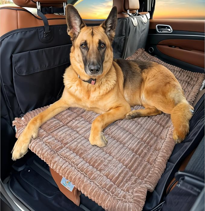 Dog Bed for Car Back Seat Extender - Non-Slip Backseat Cushion for Dogs - Travel Plush Pet Mat Topper for Cars, Trucks, SUVs - Machine Washable Pad Blanket - Brown, 54" x 24.8"