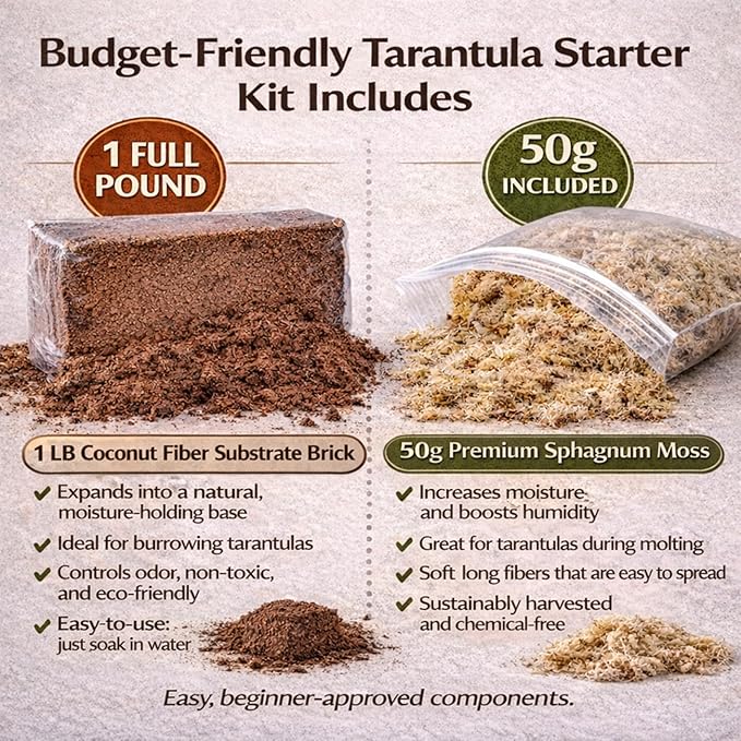 Tarantula Rehousing Supply Kit - Coco Fiber Substrate, Moss, Cork Bark Hide & Water Dish - Essential Terrestrial Tarantula Setup
