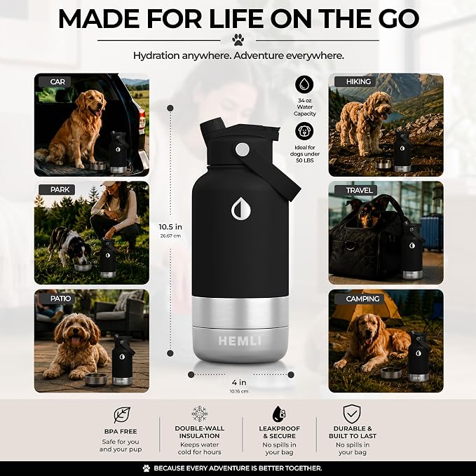 32 oz. Dog Water Bottle, Insulated Dog Travel Water Bottle, Stainless Steel Pet Water Bottle Dispenser, Portable Food and Water Bowl for Dogs for Walking Dog Canteen Travel Kit