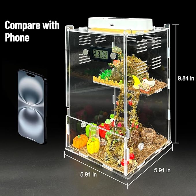Jumping Spider Enclosure,DIY Insects Habitat,Small Reptile Terrarium Glass House Accessories Set,with Temperature and Humidity Detector Water Feeder Platform Hide,5.5“x5.5”x9.5“ (Farm)