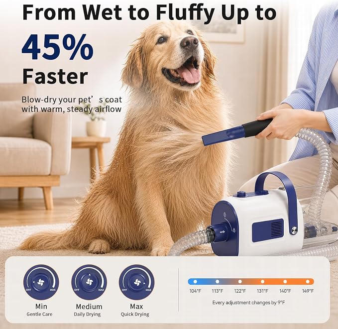 Buenkee Dog Grooming Vacuum & Blow Dryer Kit, Pet Clipper, 15000Pa Suction | 3-in-1 Pet Care, Removes Loose Fur, Styles Coats & Dries After Baths, Adjustable Heat & Airflow, 1.7L Dust Cup for Easy Clean