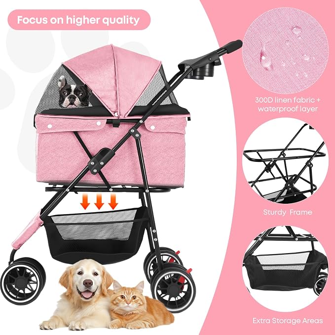 Pet Stroller,Dog Stroller for Small Medium Dogs Cats,3 Wheels,Pink | Foldable,with Breathable Mesh Canopy,Cup Holders,Easy Assembly