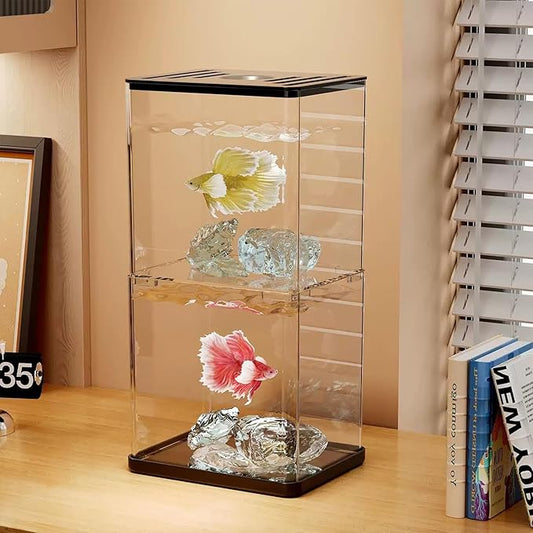 Small Betta Fish Tank, 2-Pack 0.3 Gallon Mini Aquarium with Adjustable Base Light & Gravels & Resin Crystal, Acrylic Fish Bowl for Desk Homes or Offices, Ideal for Beta Fish,Goldfish (Black - 2 Pack)