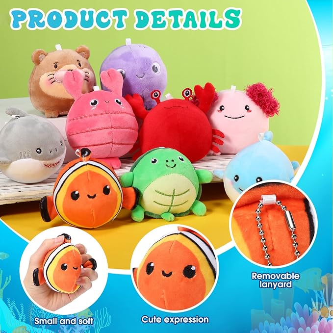 9 Pcs Mini Sealife Stuffed Animals 3.15 Inch Stuffed Shark Turtle Ocean Animal Soft Plushies for Birthday Ocean Party Decors Gift Bag Fillers Easter Basket Stuffers Classroom Prizes