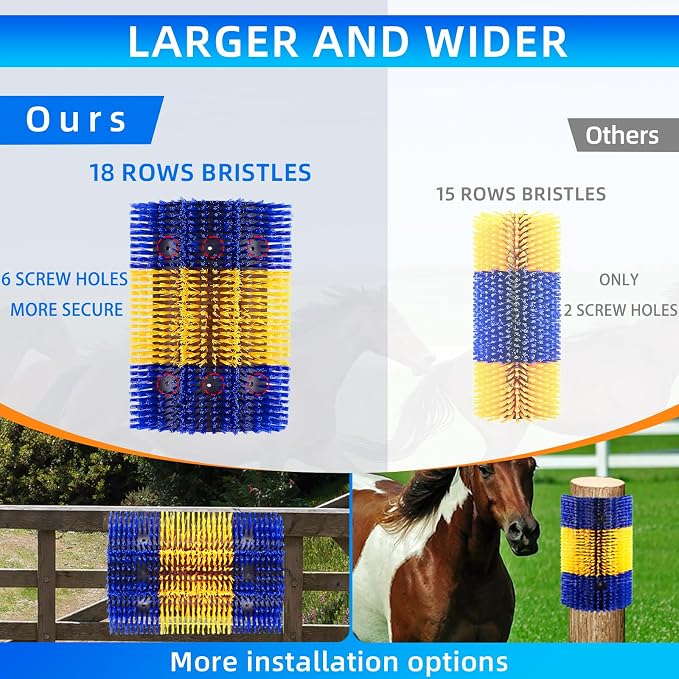 Extra Large Size Livestock Scratching Brush, Upgraded Horse/Goat/Cow/Cattle Scratcher Brush for Grooming, Itch Relief Horse Scratcher Brushes Kit with Two Sets of Mounting Screws(8-Pack,Yellow)