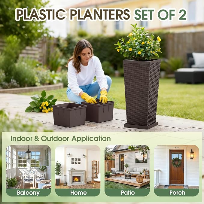 Set of 2 30 Inch Tall Plastic Planters with Drainage Saucers, Rattan Pattern UV Resistant Indoor Outdoor Flower Pots for Patio Garden Balcony Decor, Brown