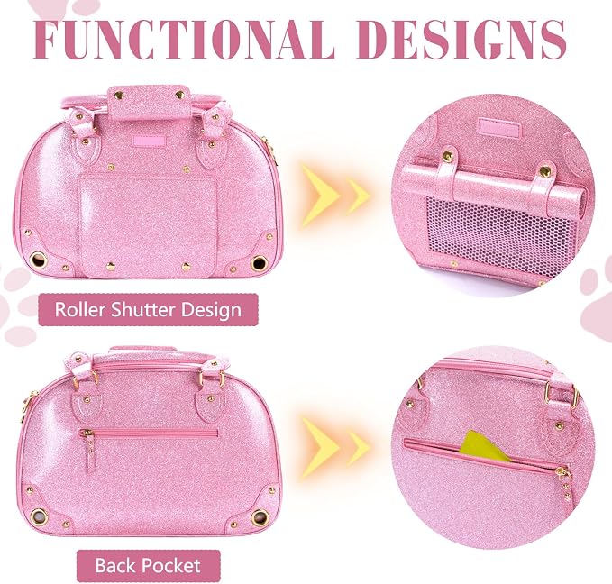 Dog Carrier Purse, Pet Carrier, Bling Waterproof Premium Leather Pet Travel Portable Bag Carrier for Cat and Small Dog Home & Outdoor Small Bling Pink