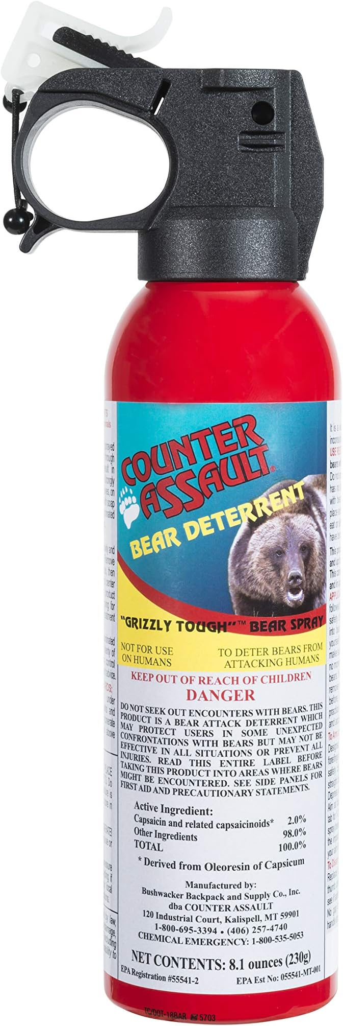 Counter Assault Bear Spray - Bears, Mountain Lions, Coyotes - Long-Range 32ft Distance - Pepper Spray Safety Gear for Hiking & Camping Protection - 2% Capsaicin - 8.1 oz