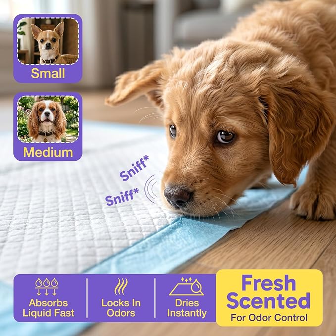 PETSWORLD Large Dog Pee Pads 28x34 Inch, 300 Count, Fresh Scented Puppy Training and Potty Pads with Optional Sticky Corner Tape, Absorbent Leakproof Pads for Dogs