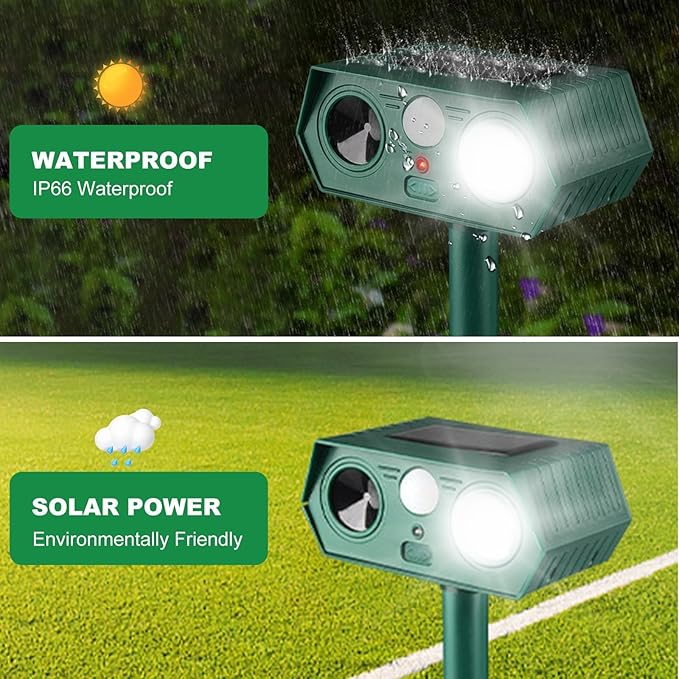 2025 Solar Animal Repellent,Upgraded Ultrasonic Cat Repellent Outdoor,Waterproof Deer Deterrent for Bird Dog Skunk,Squirrels Deterrent with Motion Detection Flash Lights for Pasture House (2 Pack)