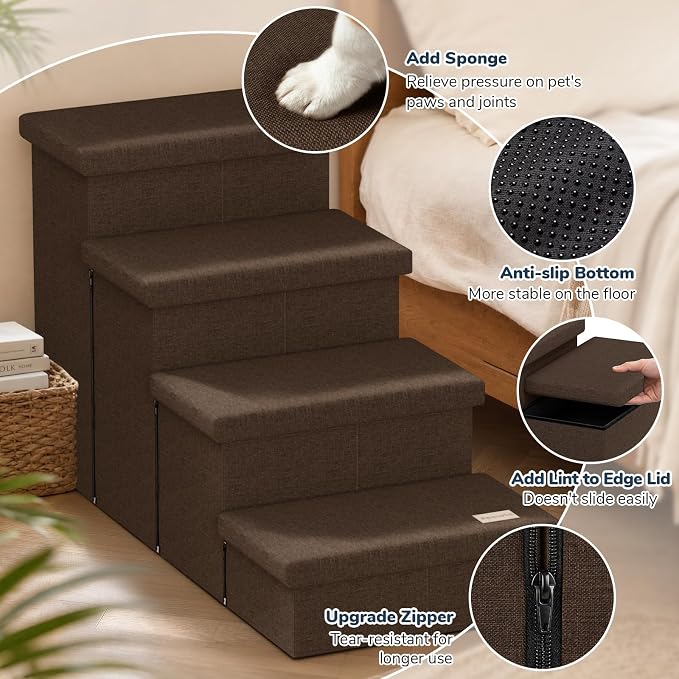 4-Step Wide Dog Stairs with Storage 23" H, Non-Slip Sturdy Pet Steps for High Bed Couch Window, Pet Stairs for Small/Medium/Large Old Dogs Cats Up to 220lbs, Cat Dog Steps for Car/SUV, Coffee