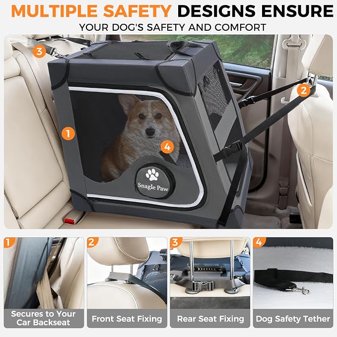 Snagle Paw Dog Car Crate for Back Seat, Portable, Medium, Gray | 3-point seat securement, breathable mesh, feeding windows, folds flat, for road trips, camping and vet visits