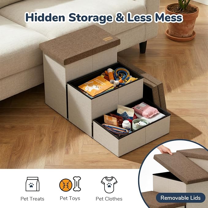 3-Step Wide Dog Stairs with Hidden Storage 18" H, Non-Slip Dog Steps for High Bed Couch Car, Jiont-Friendly Pet Stairs Ramp for Small/Medium/Large Old Dogs Cats Up to 220lbs, Beige&Coffee Lid