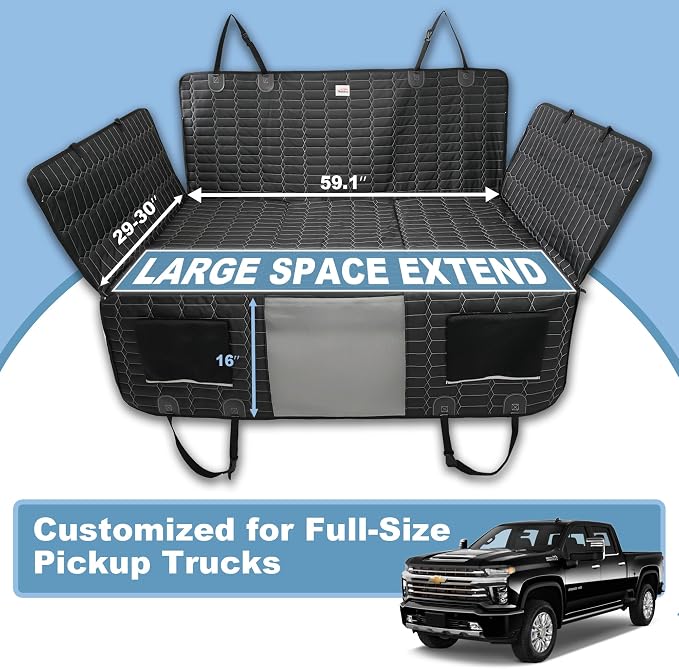 Reliadura Back Seat Extender for Dogs Truck, Large Hard Bottom Car Seat Cover for Dogs, Waterproof Dog Hammock for Full Size Truck for Ford F-Series/RAM 1500/Silverado/Sierra