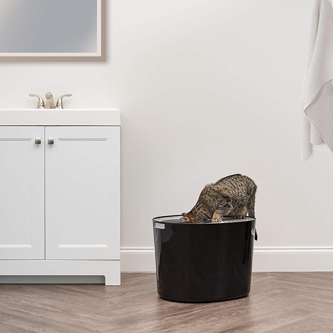 IRIS USA Cat Litter Box Large Top Entry with Lid Enclosed Covered Hooded Design Litter Catching Scatter Shield Pan Dog Proof Pet Proof Scoop Included Odor Control for Indoor Cats Kittens, Black/Gray