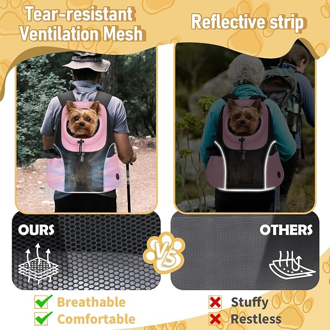 WOYYHO Pet Dog Carrier Backpack, Ventilated Mesh Small Dog Front Backpack | Breathable Puppy Back Pack, with Safety Belt, Storage Pockets, for Travel Hiking Cycling Outdoor Adventures, Pink, M