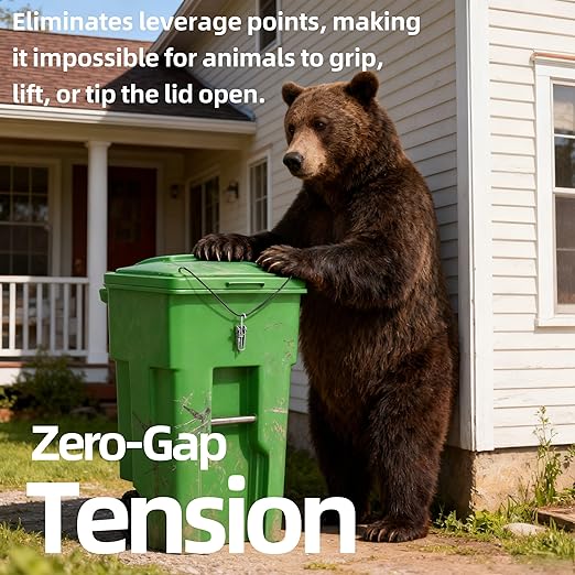Trash Can Lock for Animals [Patent Pending] – 304 Stainless Steel Wire & Zero-Gap Tension Latch – Stops Raccoons, Dogs & Bears – Universal Garbage Can Lock for Outdoor Bins (Fits 20-100 Gal)