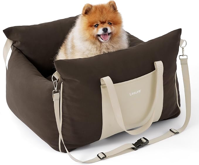 Lesure Dog Car Seat for Small Dogs,Booster Car Bed for Puppy Under 25lbs | Soft Pet Carseat with Clip-On Safety Leash and Thickened Memory Foam Filling,Dog Travel Carrier Bed with Storage Pocket,Brown