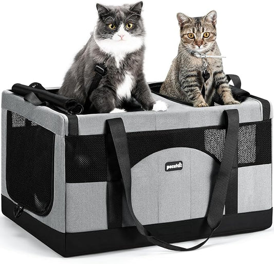 Pecute Cat Carrier, Soft Double Pet Crate for 2 Cats Travel, Gray | 5mm Anti-collapse Frame, Convertible Dual Space, Foldable, Polyester Breathable mesh, Up to 26 lbs, Car Travel & Vet Visits