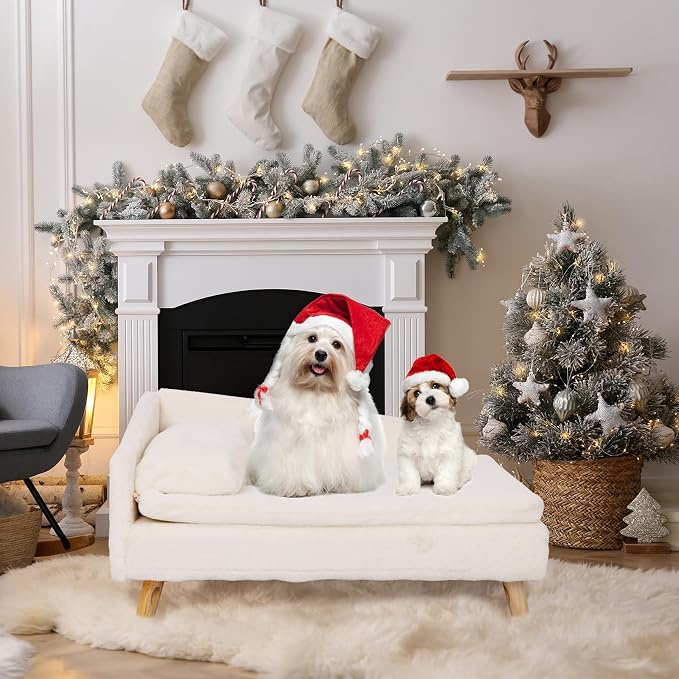 Elevated Cat Couch Sofa: Wooden Cat Bed Dog Chair with Bolster Cushion for Small Dogs Cute Pet Chaise Soft Cushion Fluffy Washable for Puppy