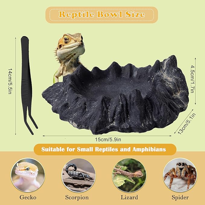 Reptile Water and Food Bowl with Feeding Tweezers Volcanic Rock Style Cement Feeding Dish for Bearded Dragon Leopard Gecko Lizard and Snake Non-Tip Terrarium Decor Landscape Accessory (Black)