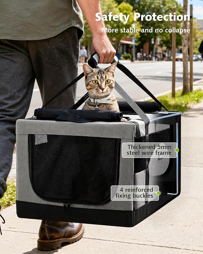 Pecute Cat Carrier, Soft Double Pet Crate for 2 Cats Travel, Gray | 5mm Anti-collapse Frame, Convertible Dual Space, Foldable, Polyester Breathable mesh, Up to 26 lbs, Car Travel & Vet Visits