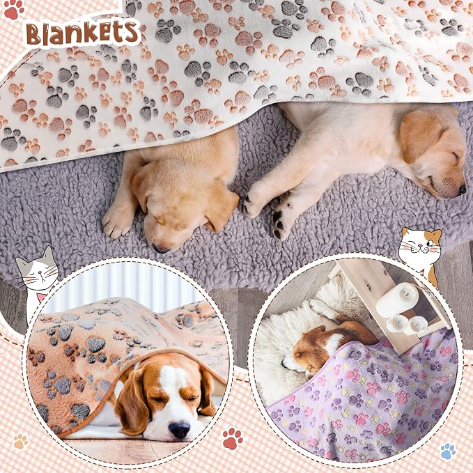 Tatuo 4 Pack Fleece Dog Blankets for Puppy Cats Multi-Size Sleep Mat for Pet Guinea Pig Soft Washable Warm Crate Bed Puppy Teething Toys Print Pattern Blanket Indoor(Mixed Color,36 x 36 Inch,Paw)