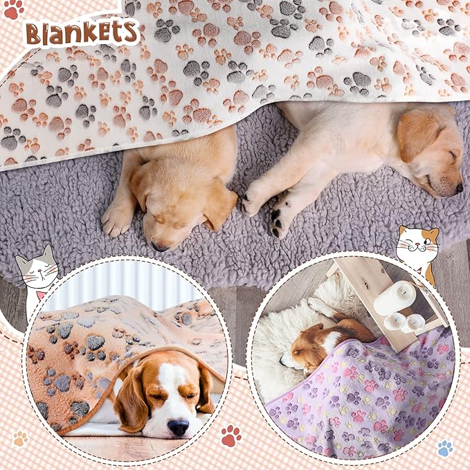 Tatuo 4 Pack Fleece Dog Blankets for Puppy Cats Multi-Size Sleep Mat for Pet Guinea Pig Soft Washable Warm Crate Bed Puppy Teething Toys Print Pattern Blanket Indoor(Mixed Color,72 x 72 Inch,Paw)