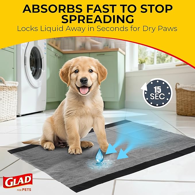 Glad for Pets Activated Carbon Dog Training Pads - Absorbent Large Disposable Dog Pee Pads for Dogs, XL Potty Pads for Dogs, Charcoal Puppy Pads with Adhesive Tabs, Jumbo Dog Pads, 28" x 30", 50 Count