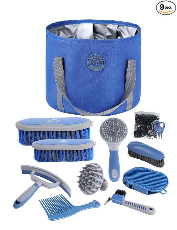 Harrison Howard Horse Grooming Kit 9 Piece with Tote, Non-Slip Silicone Grip Brush Set for Horses, Shedding Bathing Daily Care, Beginner Friendly Deep Blue