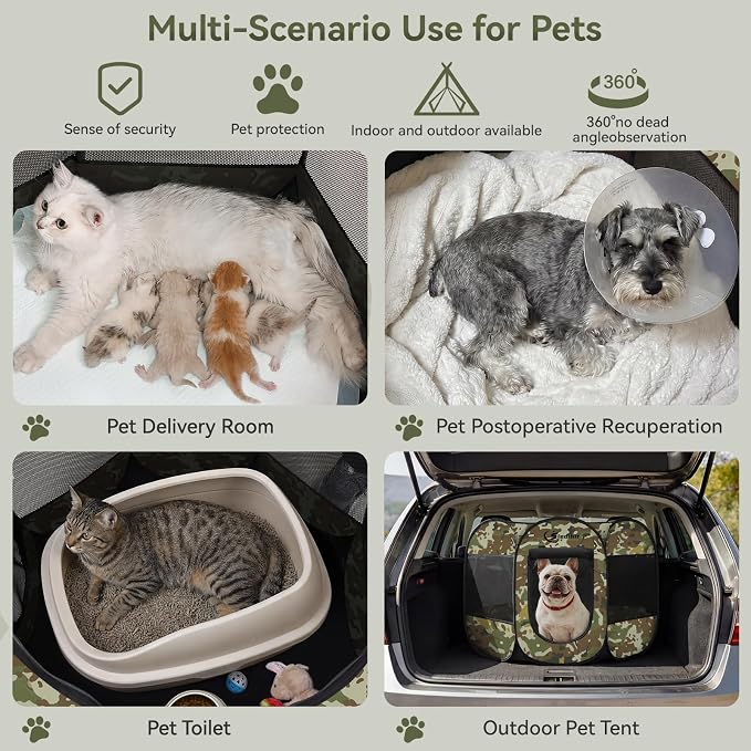 Siedihit Dog Cat Playpen, Medium Puppy Pet Playpen, Dog Crate Tent Cage | Indoor/Outdoor, Portable Pop Up Dogs Kennel Playpen with Carrying Case for Dogs/Cats/Rabbits(Green Camo, Medium)