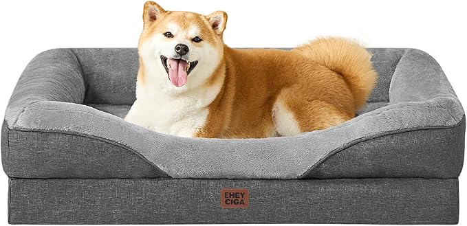 EHEYCIGA Orthopedic Dog Bed for Large Sized Dog, 36x27 Inch Large Memory Foam Dog Couch Bed with Sides, Waterproof Liner & Washable Removable Cover, Bolster Pet Sofa, Grey