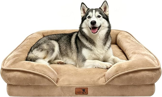 Spotted Play Orthopedic Dog Bed with Sides - Sofa Beds for Large Dogs, Supportive Foam Pet Couch Bed with Washable Removable Cover, Waterproof Lining and Non-Slip Bottom, Brown - L-Plus