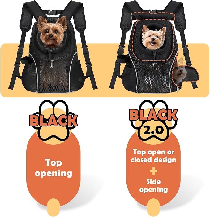 WOYYHO Pet Dog Carrier Backpack with Windows, Ventilated Small Dog Backpack | Breathable Top & Side Windows, Safety Belt, Storage Pockets, Small Dog Front Backpack, for Travel Hiking Outdoor, Black2.0, S