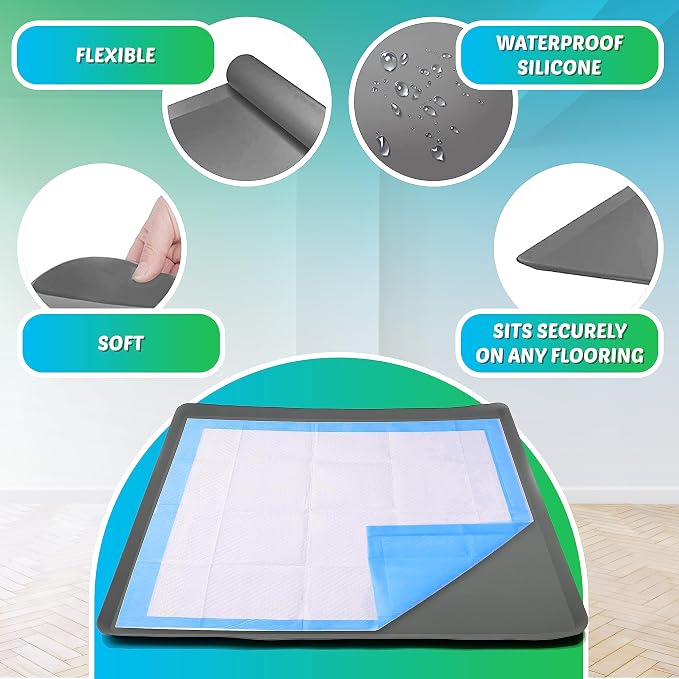 Dog Pee Pad Holder - Fits Up to 36” x 36” Pee Pad - 2 Pack - Grey | Stable Grip, Soft Edges, Quick Wipe Silicone Surface, Dog Pad Holder for Indoor Flooring Protection