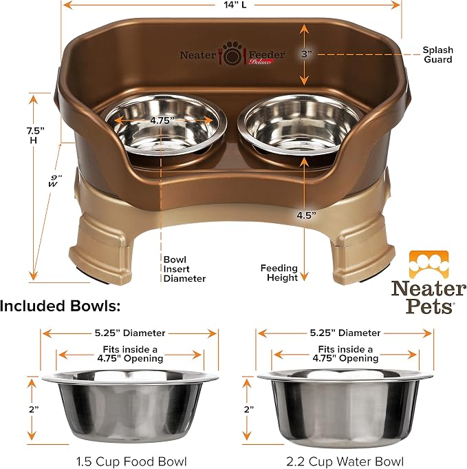Neater Feeder Deluxe Mess-Proof Elevated Dog Bowls for Small Dogs (Up to 19 lbs), 2 Height Adjustable (6” & 7.5”) No-Spill Raised Dog Bowl Stand, Stainless Steel Food Bowl Set, Made in USA, Bronze