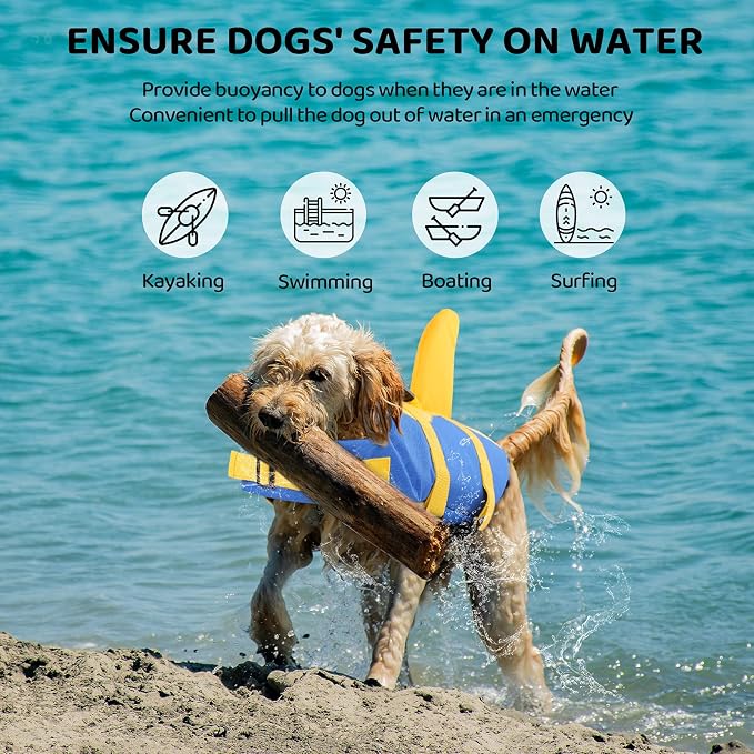 Dog Life Jacket, Adjustable Dog Life Vest, Pet Lifesaver for Swimming, Shark Life Jacket with Rescue Handle, Rip-Stop Safety Vest for Small Medium Large Dogs