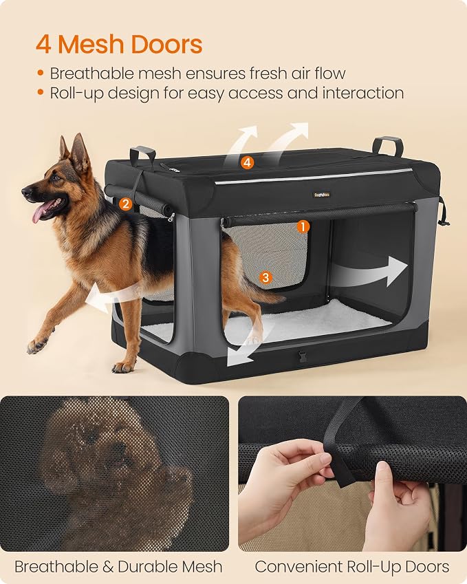 Feandrea Collapsible Dog Crate, Portable Travel Crate, 42-Inch | Oxford Fabric Pet Carrier with 4 Mesh Doors, Handles, Storage Pocket, Water Bottle Holder, UPDC021B01