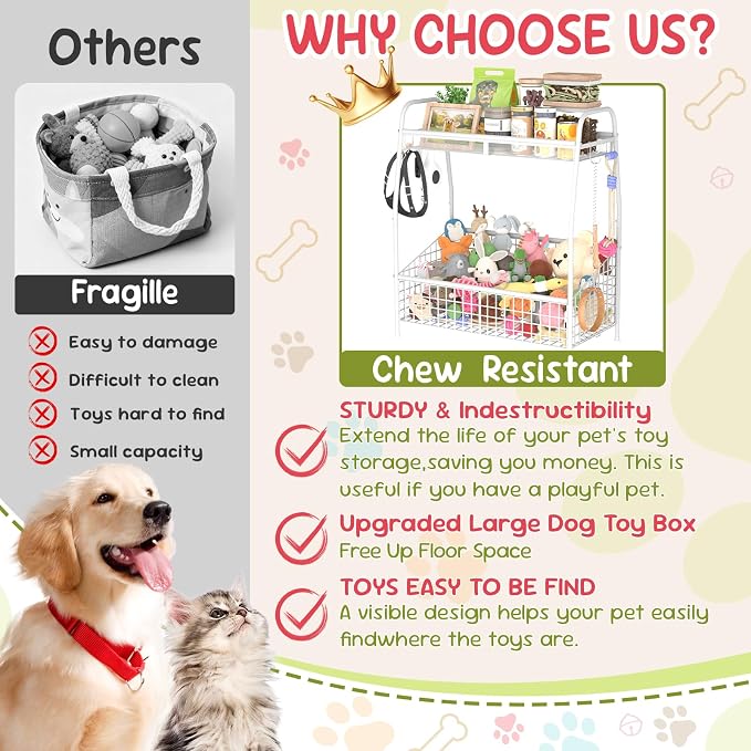 Kaiferty Indestructible Large Dog Toy basket, Toy Box for Dogs,Pet Toys Bin Dog Metal Wire Basket for Toys, Food Storage, Storage Organizer Chest Storage, Toy Box for Living Room Area (White)