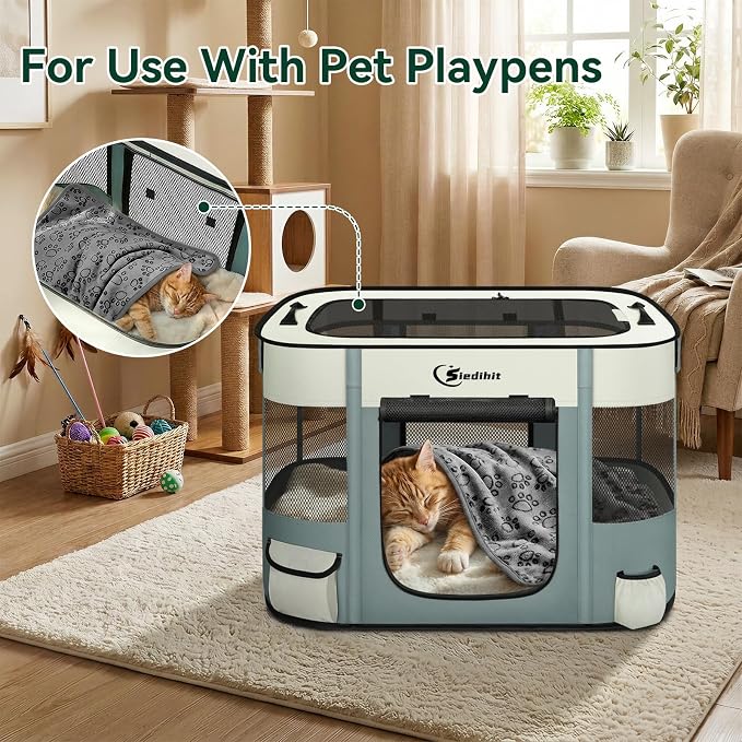 Siedihit Dog Playpen, Cat Pet Puppy Crate, Portable Playpens Indoor Outdoor (Grey with Blanket, Small)