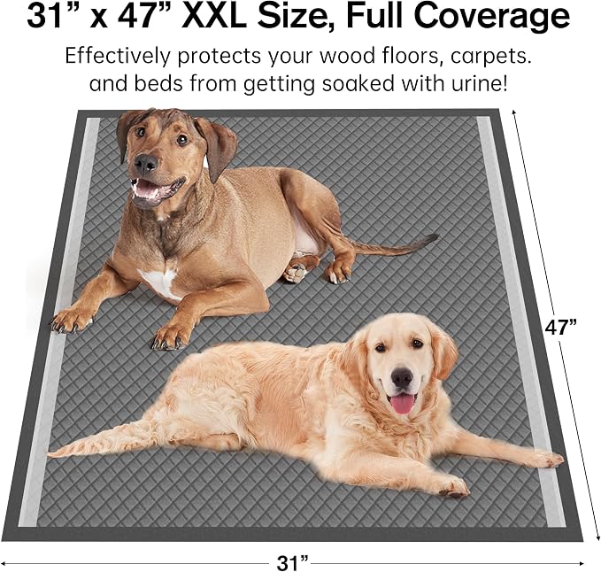 31"x47" Activated Charcoal Dog Pee Pads - 200 Count,Extra Large,Super Absorbent, Leakproof, Long-Lasting Odor Control, Ideal for Large Dogs and Potty Training Puppies