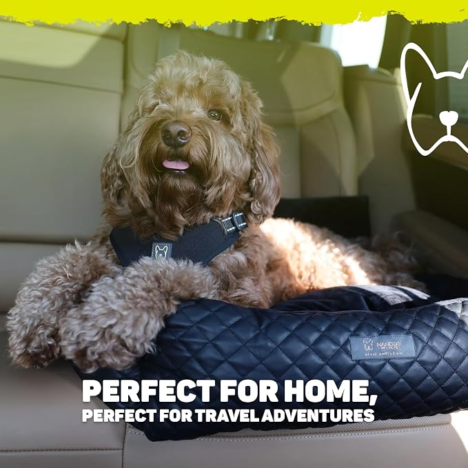 NANDOG Luxury Dog Car Seat Bed for Medium Dogs, Vegan Leather Pet Seat with Removable & Washable Cushion Insert, Thick Safety Seatbelt Straps, Secure Travel Carrier, Black, 22" L x 18" W
